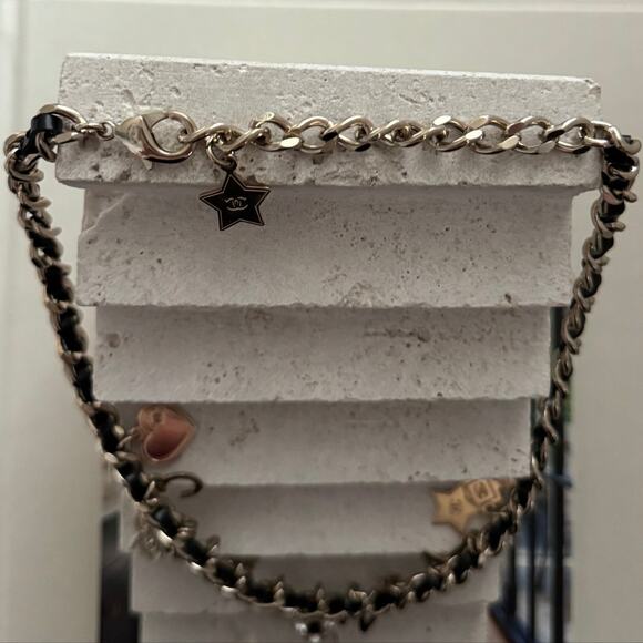 CHANEL Gold Chainlink Black Leather Embellished Camellia Charm CC Logo Necklace - Picture 6 of 9